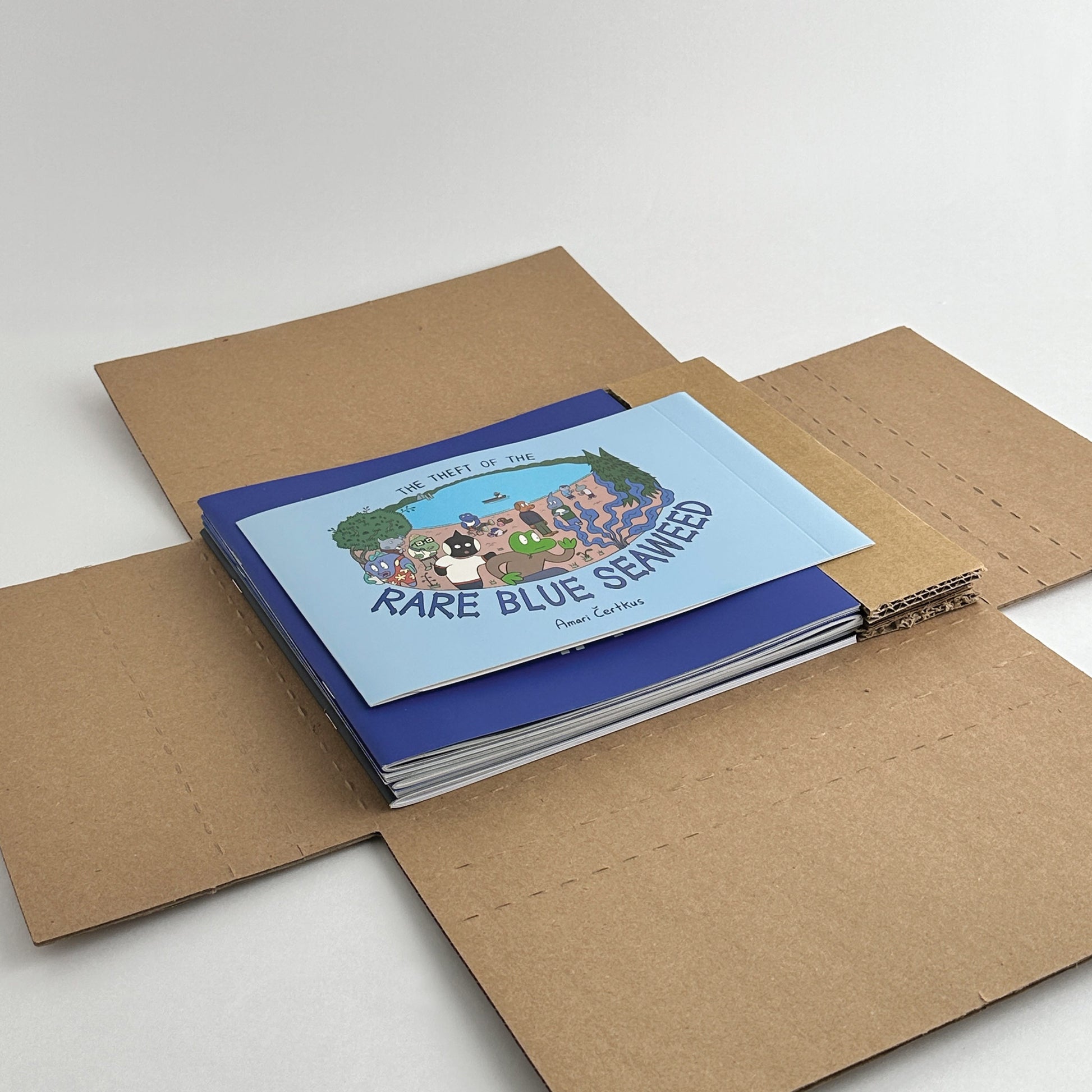 The Theft of the Rare Blue Seaweed print comics in packaging for shipping